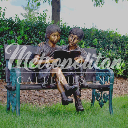 Boy & Girl Reading on Bench Bronze Statue