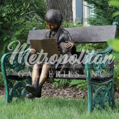 Girl Reading Book on Bench with Puppy Bronze Statue