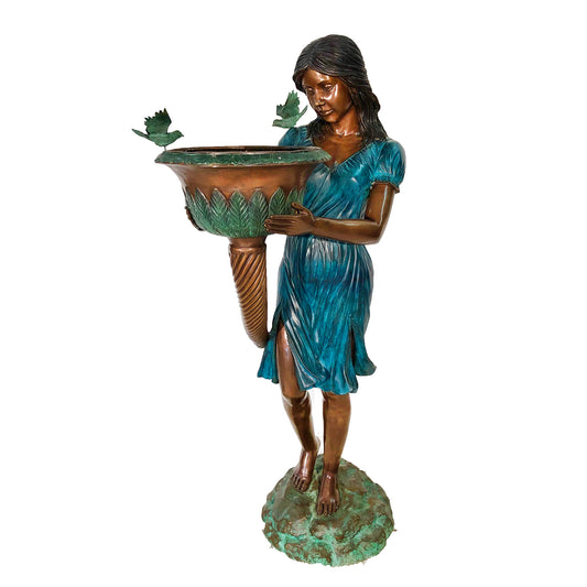 Standing Lady holding Birdbath Fountain Bronze Statue