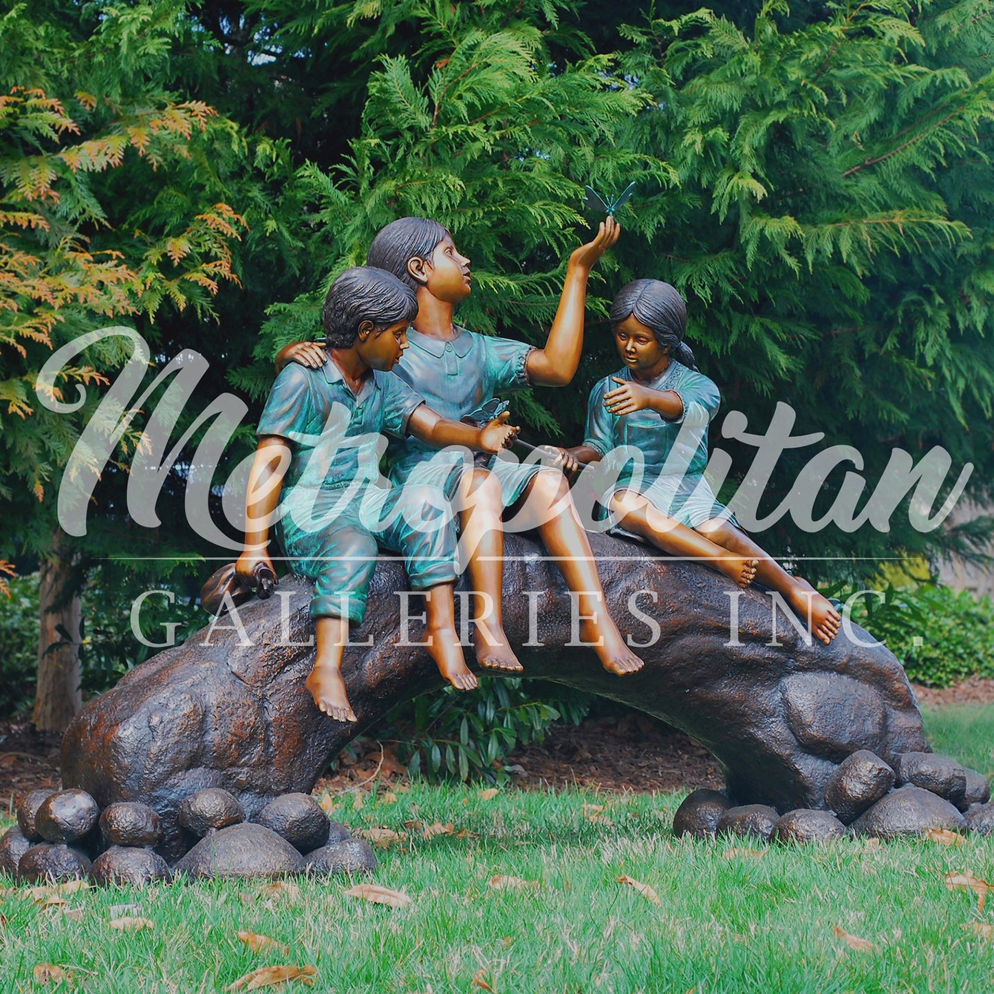 Three Children Sitting on Bridge with Butterflies Bronze Statue