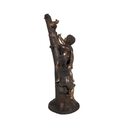 Boy & Girl reaching for Cat in Tree Bronze Statue