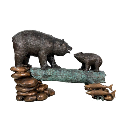 Bear & Cub on Log Bronze Statue