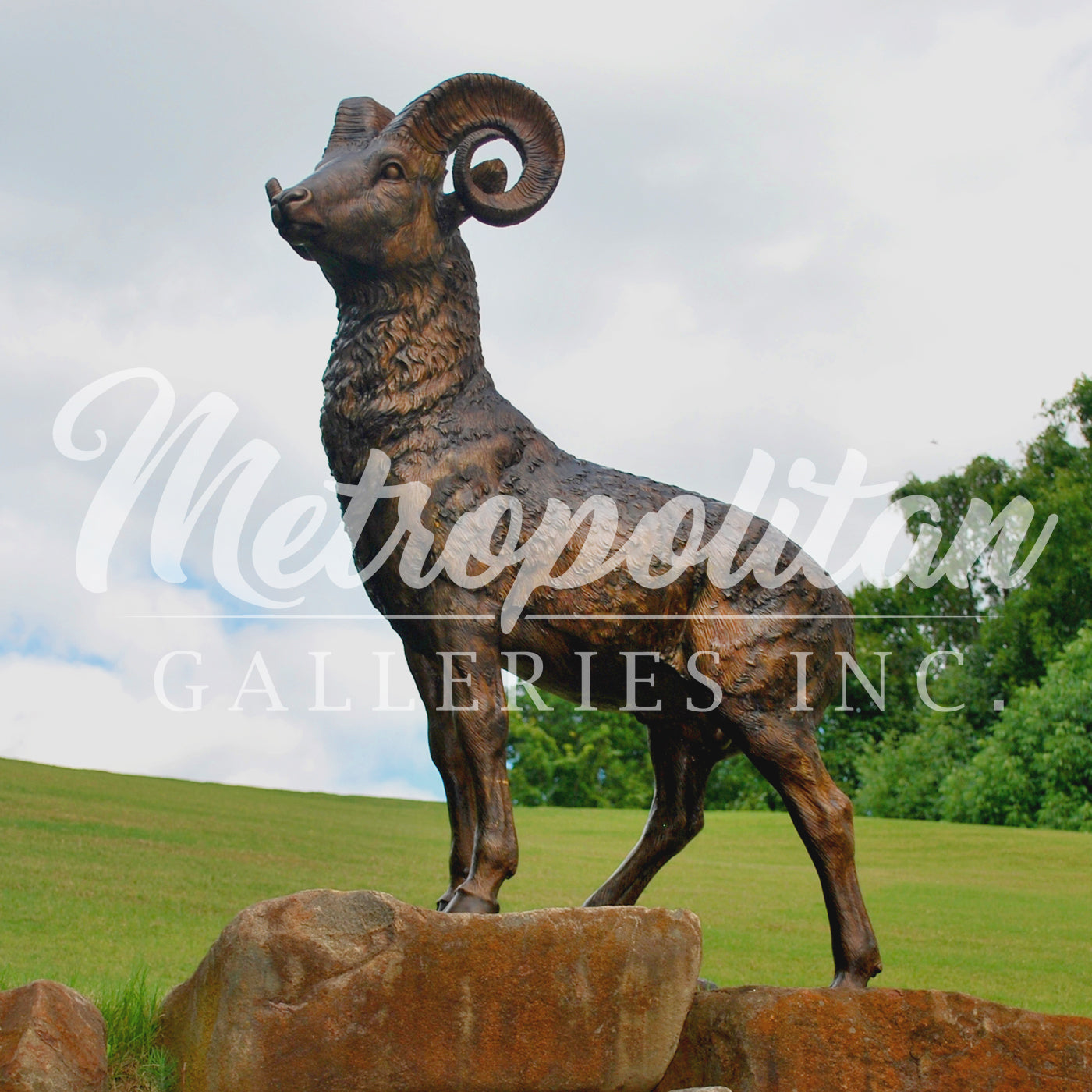 Bighorn Sheep on Rock Bronze Statue