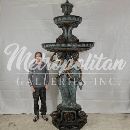 Three Ladies with Fish Tiered Bronze Fountain