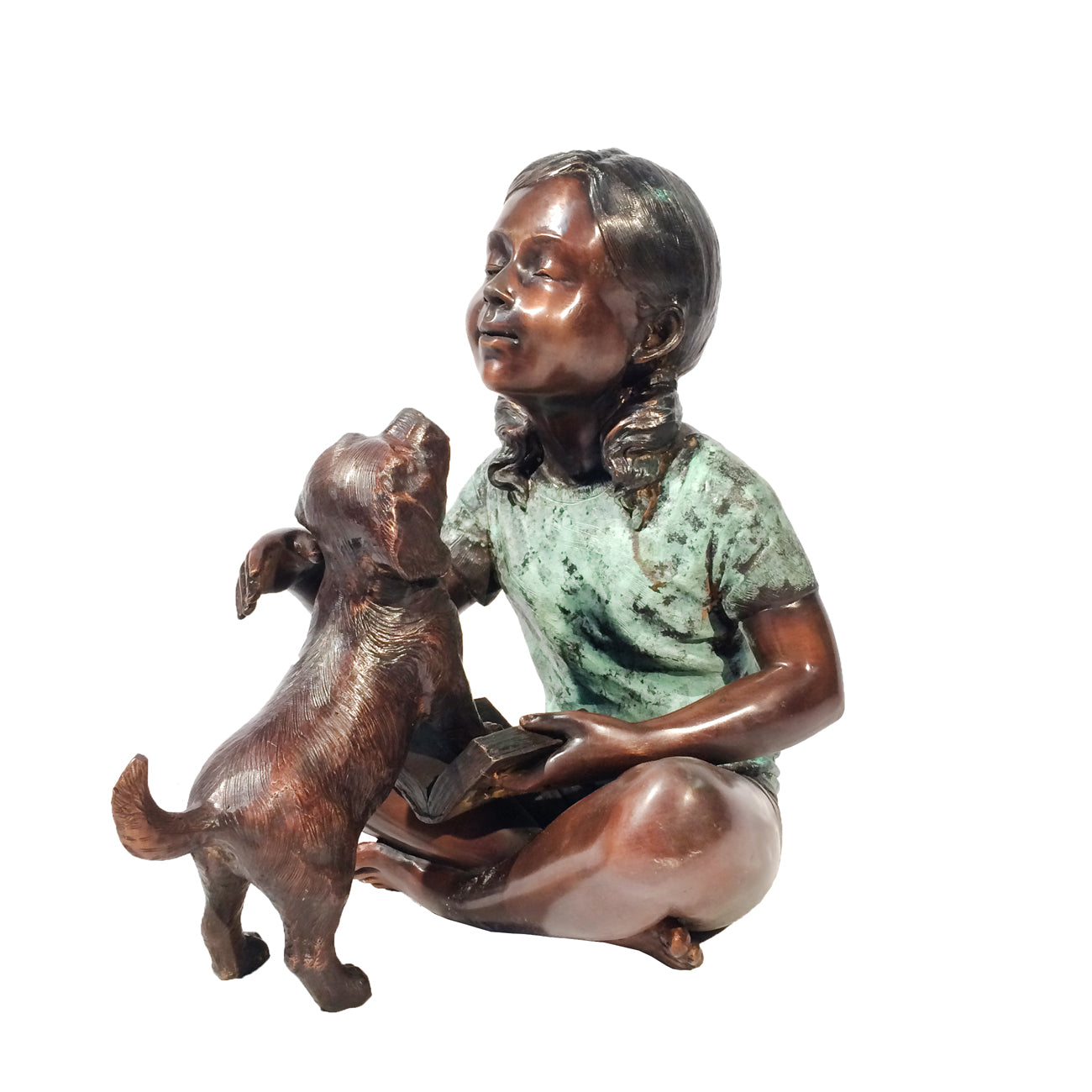 Sitting Girl Playing with Puppy Bronze Statue