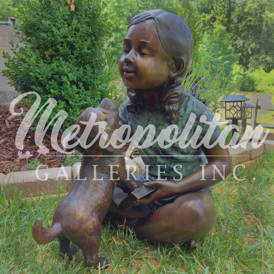 Sitting Girl Playing with Puppy Bronze Statue