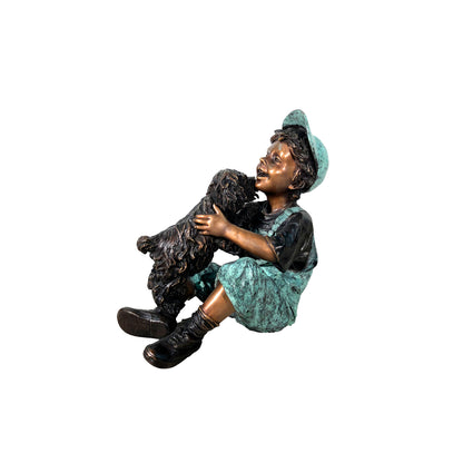 Sitting Boy Playing with Puppy Bronze Statue