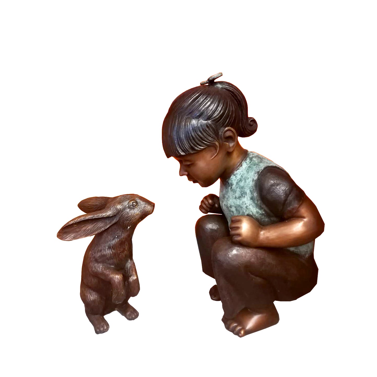 Kneeling Girl with Bunny Rabbit Bronze Statue