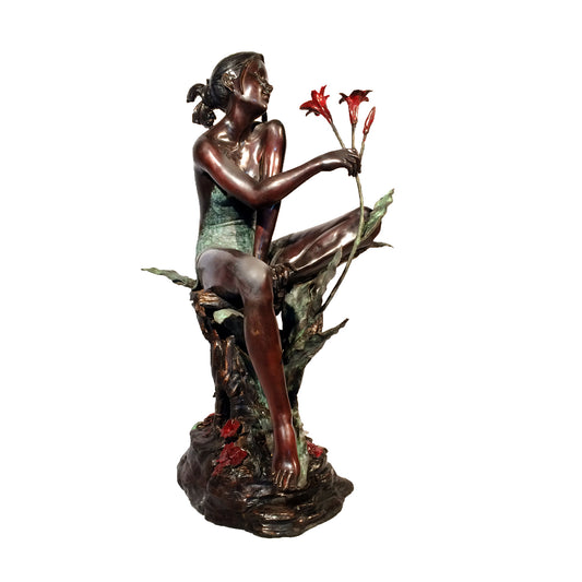 Sitting Lady on Rock with Flowers Fountain Bronze Statue